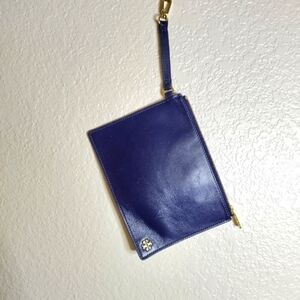 Tory Burch blue leather full zip wristlet/ clutch